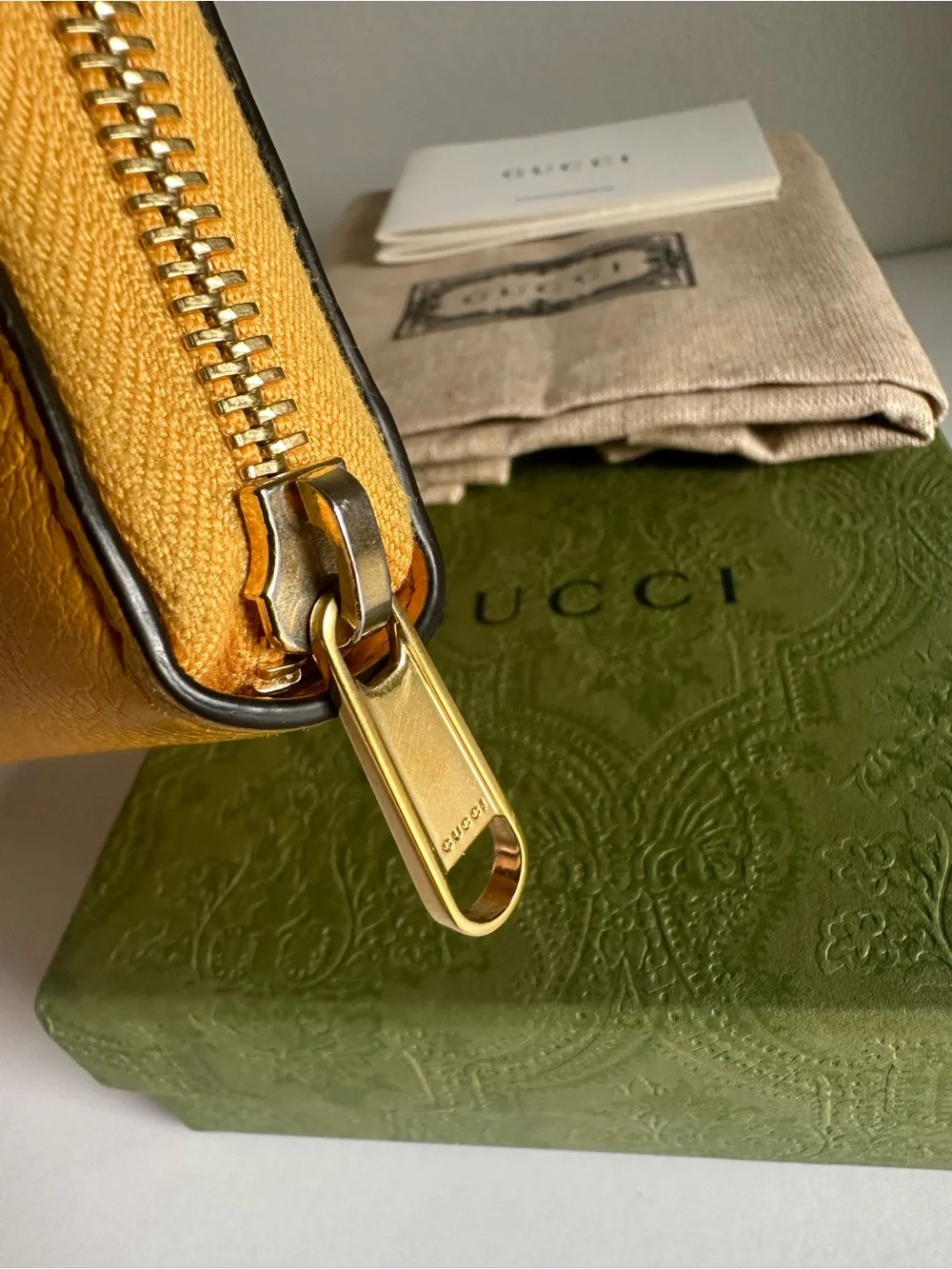 Gucci Yellow Embossed Logo Pebbled Leather Zip Around Wallet w/ Box and Dusty ⭐